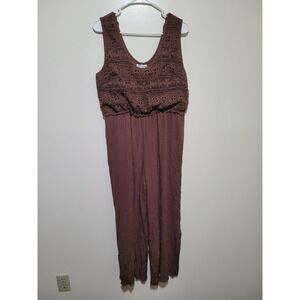 First Love Jumpsuit Women 1X Brown Good Crochet Lace Wide Leg Tie Back